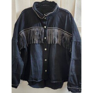 SHEIN BLACK STUDDED-FRINGE RAW-HEM HI-LOW BUTTON-DOWN DENIM TOP